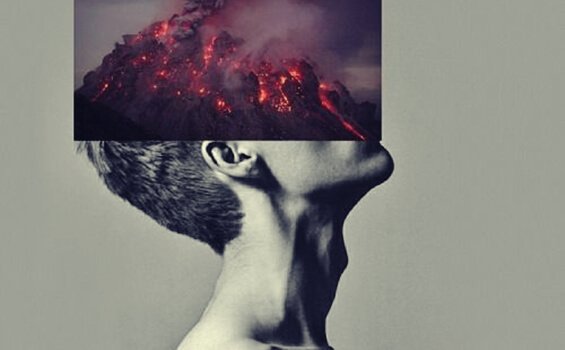 Mann med en vulkan i ansiktet sitt symboliserer uttalelser om sinne