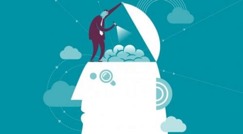 Tegning av man som ser ned i en hjerne