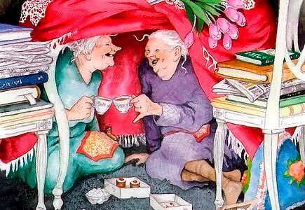 Gamle venner deler kaffe og søtsaker i et fort med bøker.