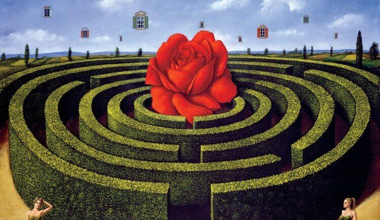 Surrealistisk bilde av en rose midt i en labyrint