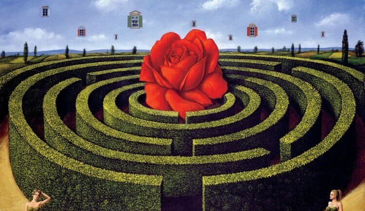 Surrealistisk bilde av en rose midt i en labyrint