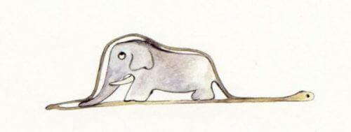 Tegning av en elefant inne i en slange