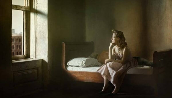 Edward Hopper maleri kvinne ser ut vinduet