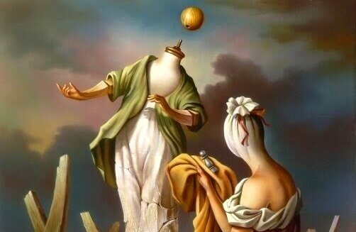 Surrealistisk maleri av to kvinner