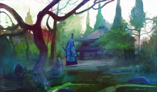 Akvarell-maling av en eldre mann som går mot et Zen-tempel