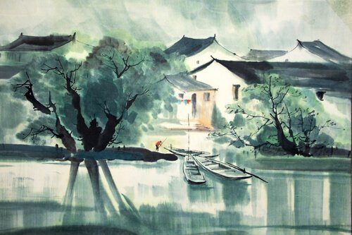 Akvarell-maling av hus som ligger ved en elv