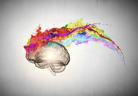 En kunstnerisk skildring av en optimists hjerne med fargerik eksplosjon