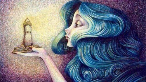 Kvinne ser på et fyrtårn.