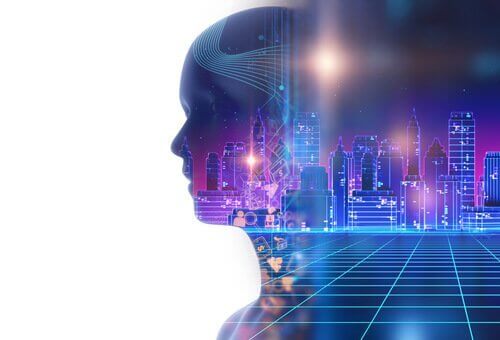 En persons silhuett full av bygninger