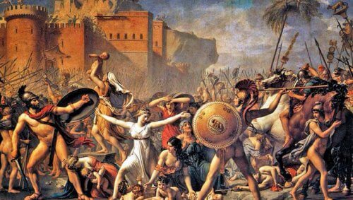 Et maleri av soldater som angriper kvinner.