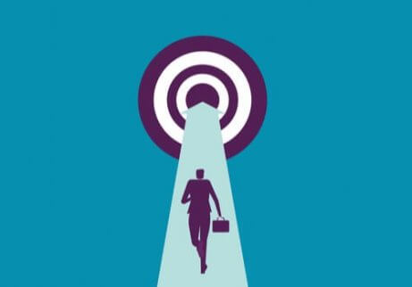 En illustrasjon som viser en person som løper med en koffert til sitt mål