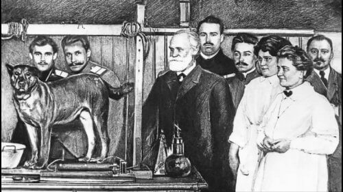 Ivan Pavlov, og en av hundene han brukte i sine eksperimenter.
