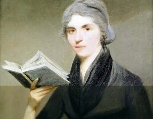 Et portrett som viser Mary Wollstonecraft med en bok i hånden.
