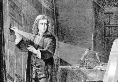 En illustrasjon av Isaac Newton som eksperimenterte med lys.