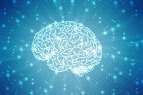 Bilde av en selvlysende hjerne i blå og hvit fargeskala