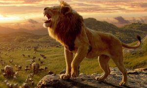 En brølende løve ser en rekke dyr vandre på savannen.
