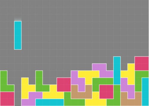 Et bilde som viser et Tetris-spill som pågår, med mange fargerike blokker som allerede er på plass.