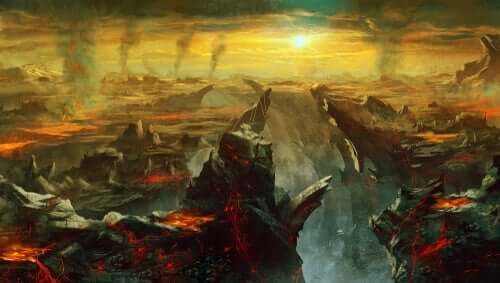 En oljemaling av et landskap fyllt av ild og røyk.