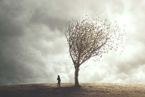 En person som står ved et tre som mister blader