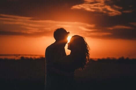 Et par som står sammen ved solnedgang.