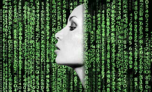 Kvinne omgitt av grønne tall.