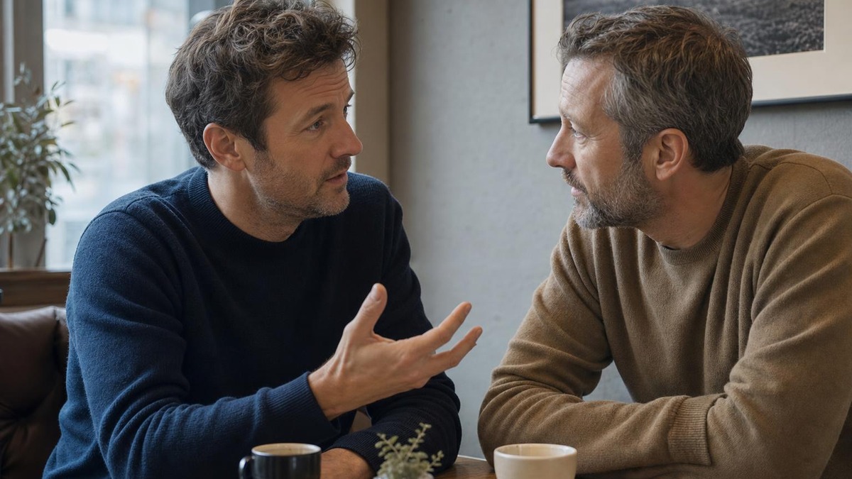 To menn lytter til hverandre under en rolig samtale på kafé